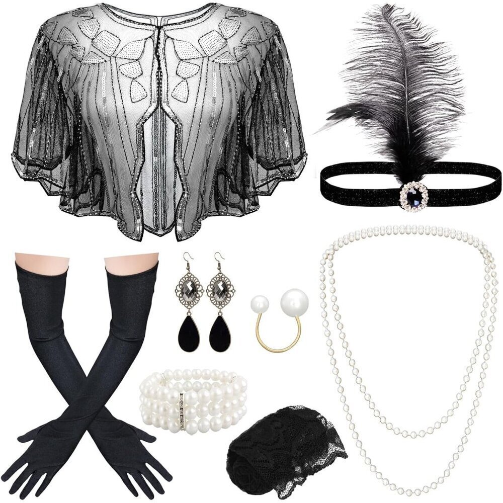 1920s Flapper Costume Accessories Set Sequin Shawl Feather Headpiece Pearl Neckl